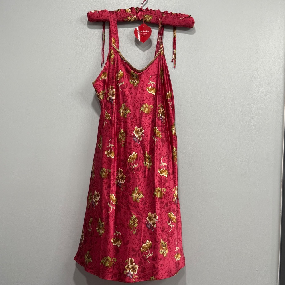 Valerie Stevens Pure Silk Red Floral Chemise Nightgown Large V-Neck Slip Dress